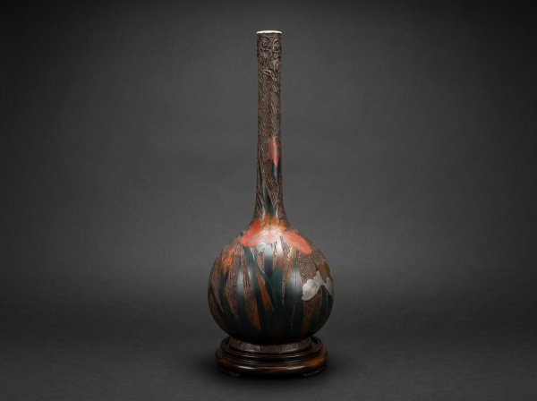 Japanese Totai Shippo Tall Flower Vase. Cloisonne Tree Bark - Irises. Circa 1890.