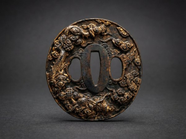 JAPANESE TSUBA WITH "DRAGON - PEARL" IN HIGH RELIEF. EDO PERIOD.