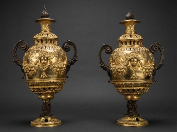Large Antique Pair French Ormolu Bronze Cassolettes C1880.