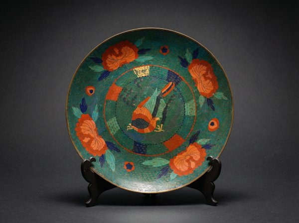 Large Japanese Cloisonne Enamel Charger with Bird. Circa 1880.