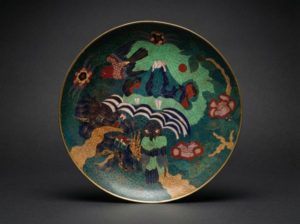 Large Japanese Cloisonne Enamel Charger with Owl and Mt Fuji. Circa 1880.