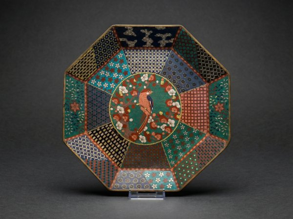 Large Japanese Cloisonne Enamel Octagonal Tray with Bird. Circa 1880.