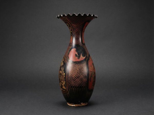 Large Japanese Porcelain Flared Vase. Lacquer Over Black Paint, with Koi. (60cm). Circa 1880.