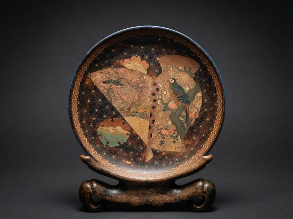 Large Japanese Totai Shippo Charger. Cloisonne Tree Bark - Picturesque Scenery. Circa 1890.