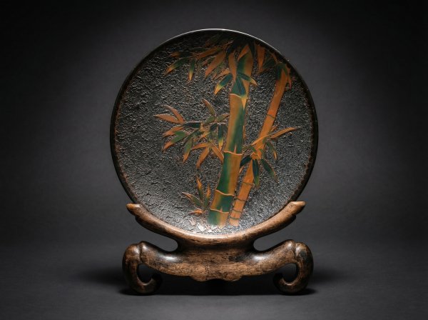 Large Japanese Totai Shippo Charger. Cloisonne Tree Bark, with Bamboo. Circa 1890. Signed.