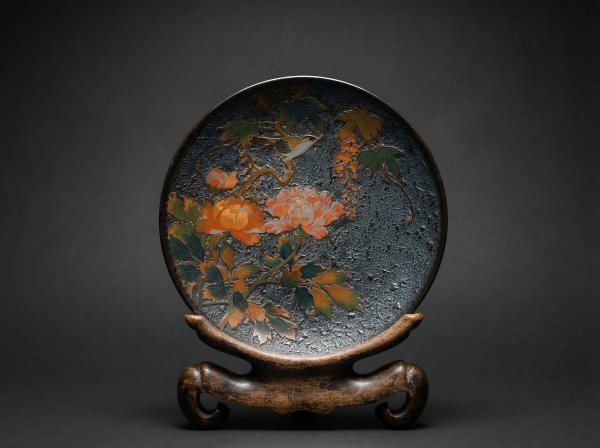 Large Japanese Totai Shippo Charger. Cloisonne Tree Bark, with Birds and Flowers. Circa 1890. Signed.