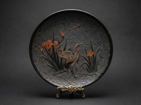 Large Japanese Totai Shippo Charger. Cloisonne Tree Bark, with Cranes. Circa 1890. Signed.