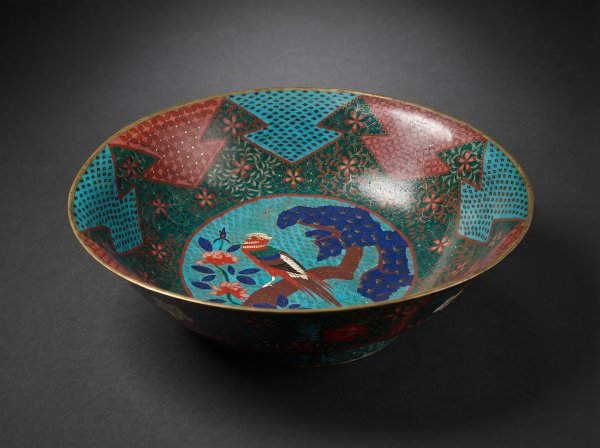 Large Rare Japanese Cloisonne Enamel Bowl With Bird Decoration. Circa 1890.