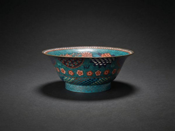 Large Rare Japanese Cloisonne Enamel Bowl with Peony Decoration. Circa 1890.