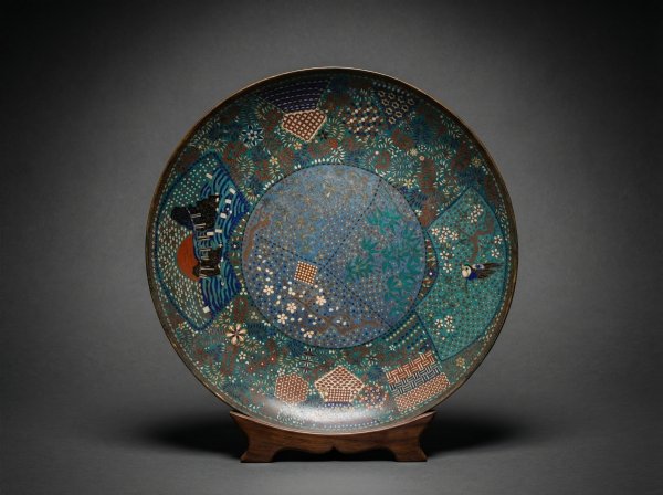 Large Rare Japanese Cloisonne Enamel Plate. Spectacular Decoration. Circa 1870.