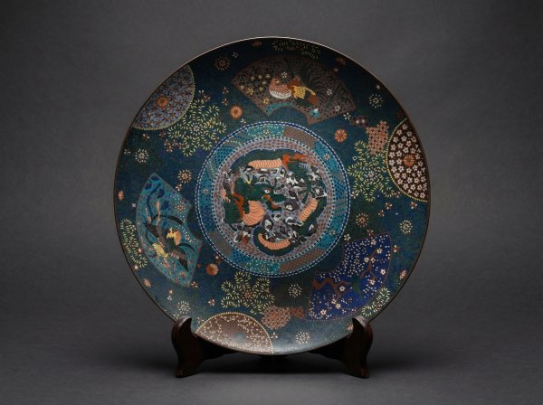 Masterpiece Huge Japanese Cloisonne Enamel Dragon Charger. Late Edo Period. Circa 1860.