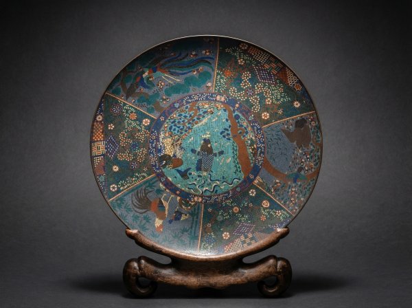 Masterpiece Huge Japanese Cloisonne Enamel 'Leaping Koi' Charger (40cm). Edo Period. Circa 1860.