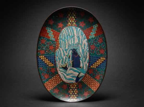 Masterpiece Japanese Cloisonne Enamel Leaping Koi Tray. Circa 1890.