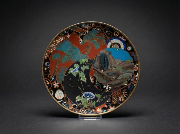 Masterpiece Japanese Cloisonne Plate with Auspicious Symbols. Circa 1900.