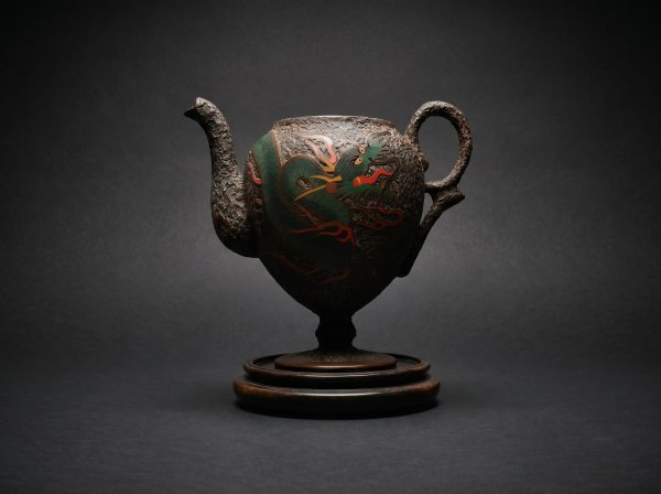 Masterpiece Japanese Totai Shippo Sake Teapot. Cloisonne Tree Bark - Dragon. Circa 1890. Signed.