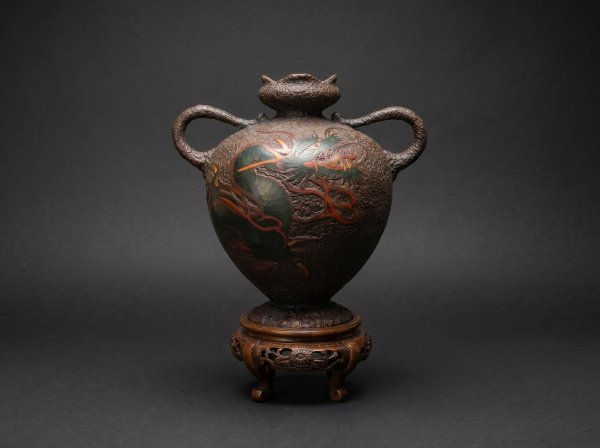 Masterpiece Japanese Totai Shippo Vase. Cloisonne Tree Bark - Dragon. Circa 1890. Signed.