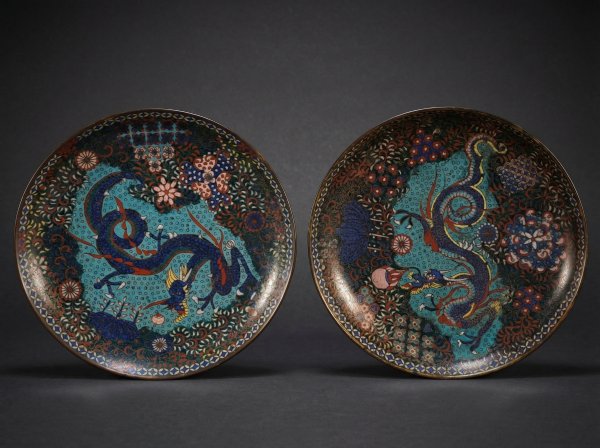 Pair Japanese Cloisonne Enamel  Dragon Dishes. Circa 1870.