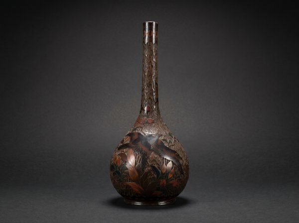Pair Japanese Totai Shippo Vases. Cloisonne Tree Bark -  Birds / Flowers. Circa 1890.
