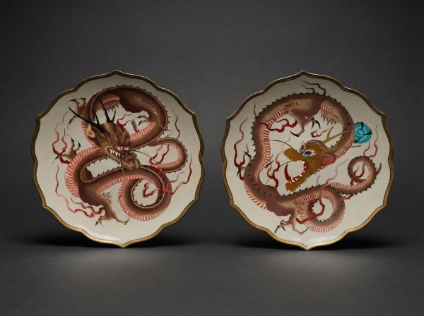 Pair Large Japanese Cloisonne Enamel ''Dragon'' Chargers. Circa 1890.