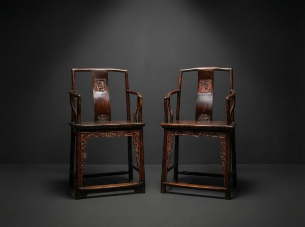 Pair Of Chinese Elm Armchairs with Red Lacquer. Circa 1870. 