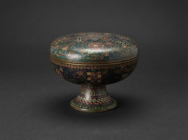 Rare Cloisonne Enamel Lidded Pedestal Bowl. Edo Period. Circa 1860.