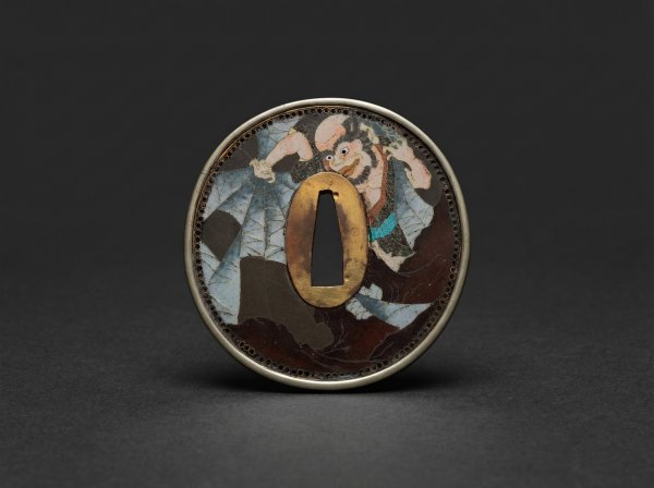 Rare Cloisonne Enamel Tsuba. Japanese Folklore. Circa 1880.