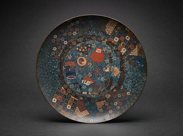 Rare Japanese Cloisonne Charger with Auspicious Symbols. Circa 1850.