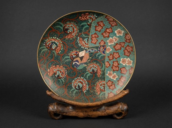Rare Japanese Cloisonne Enamel Charger - 'Bird, Mon and Tendrils' (34cm). Signed. Circa 1870.