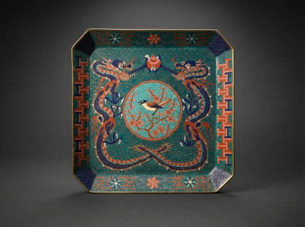 Rare Japanese Cloisonne Enamel Dragon Square Tray. Circa 1880.