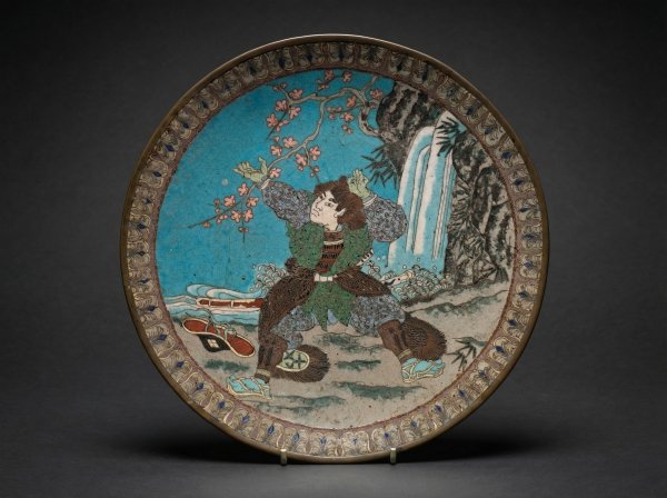Rare Japanese Cloisonne Enamel ''Samurai / Demon'' Plate. Circa 1890.