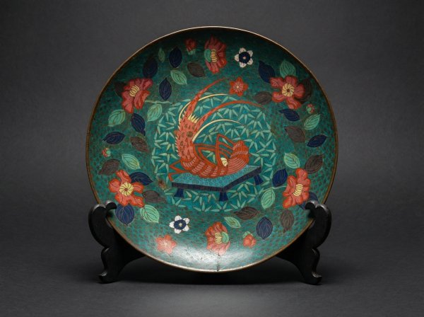 Rare Japanese Cloisonne Enamel Shrimp Charger. Circa 1880.