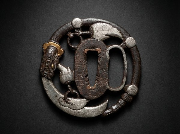 Rare Japanese Iron Tsuba Guard - Polearm of Guan Yu. Dragon. Signed. Edo Period. Circa 1750.
