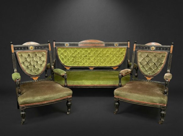 Rare Jas / James Shoolbred Antique Ebonised Aesthetic Period Sofa & 2 Chairs Salon Suite. C1880.