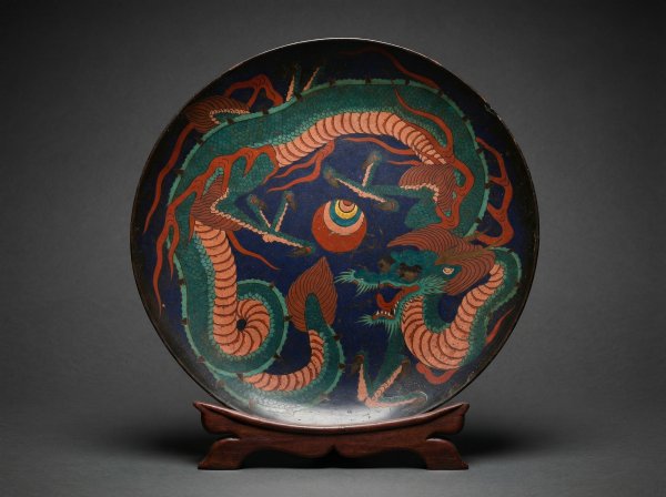 Rare Large Japanese Cloisonne Enamel 'single-dragon' Charger (36cm). Signed. Circa 1875.