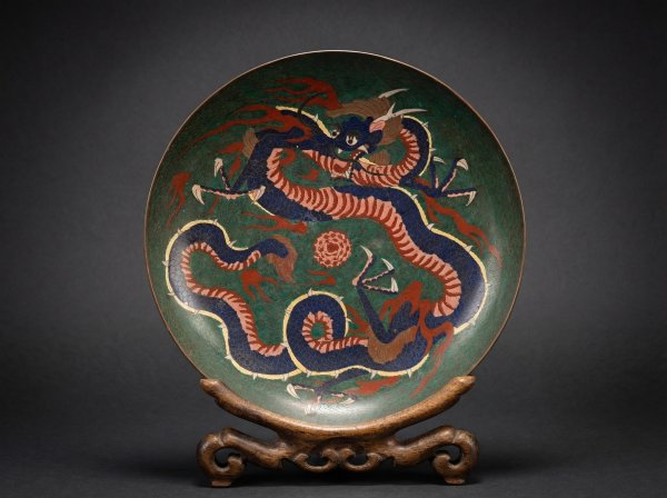Rare Large Japanese Cloisonne Enamel 'single-dragon' Charger (40cm). Circa 1875.