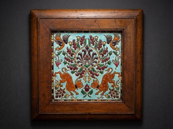 Rare Longwy Tile. Birds and Cheetahs. Circa 1900.