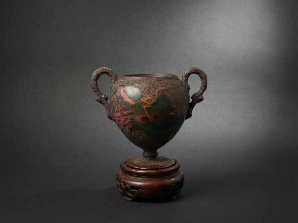 Masterpiece Japanese Totai Shippo Sugar Bowl. Cloisonne Tree Bark, with Dragon. Circa 1890. Signed.