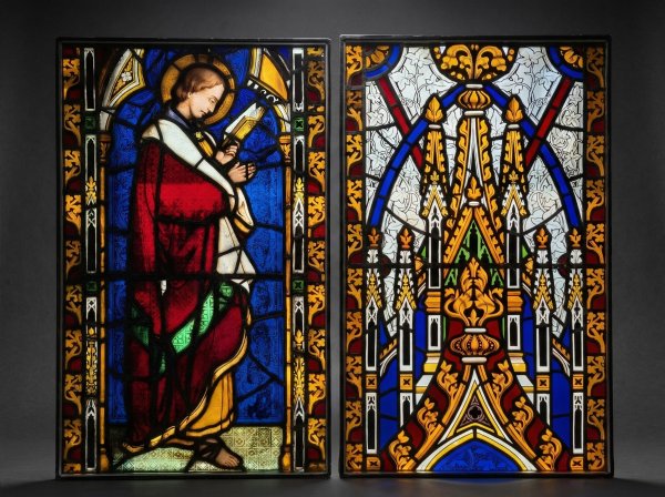 Rare Pair of Gothic Stained Glass Panels. Circa 1850.