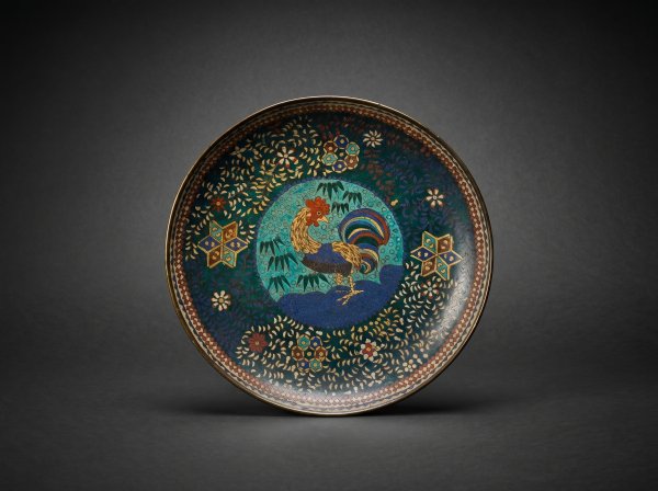 Small Japanese Cloisonne Enamel Rooster Charger. Circa 1870.