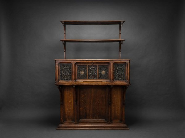 Strawberry Hill Gothic Oak Cabinet on Stand. c1860.