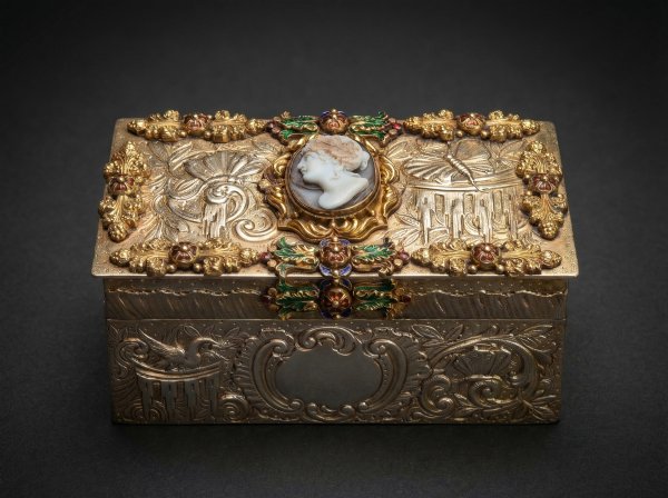 Very Fine Silver Renaissance Revival Table Box - with Cameo, Gold and Enamel Appliques. 1893.