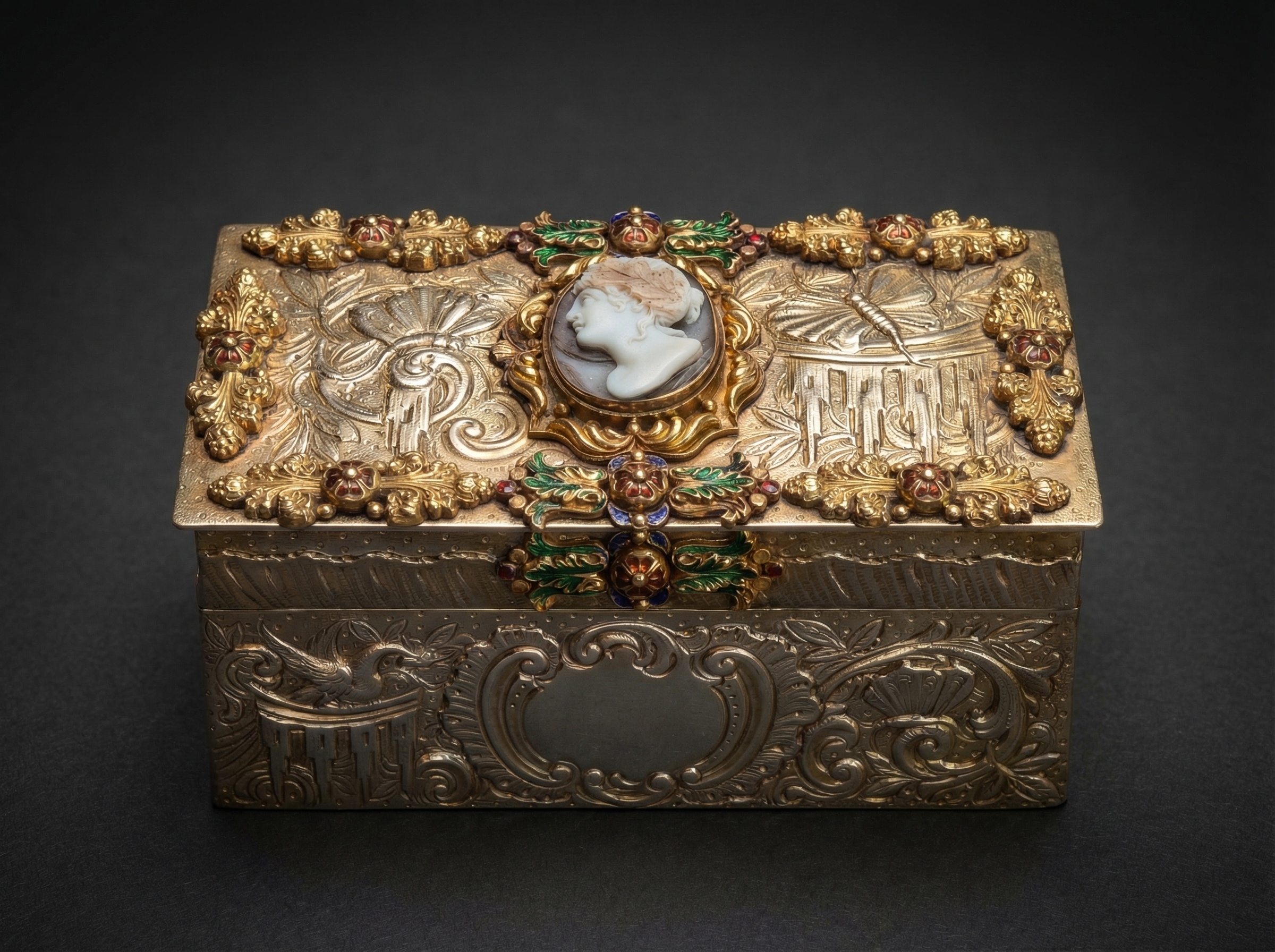 Very Fine Silver Renaissance Revival Table Box - with Cameo, Gold and Enamel Appliques. 1893.