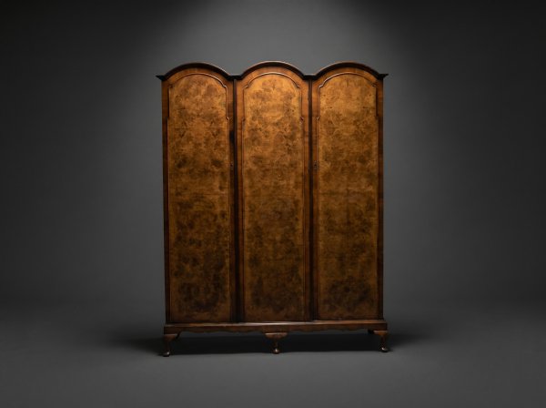 Queen Anne Style Burr Walnut Triple Wardrobe