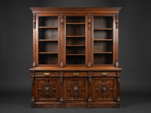 Victorian Carved Oak Three Door Bookcase