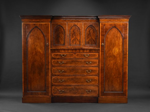 Victorian Flame Mahogany Breakfront Triple Wardrobe