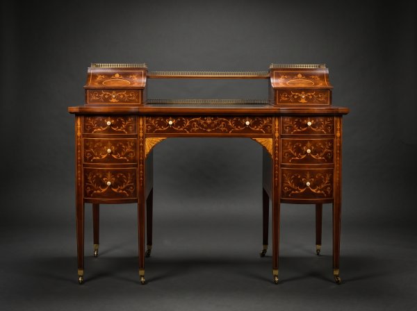 Victorian Sheraton Revival Marquetry Inlaid Carlton House Desk